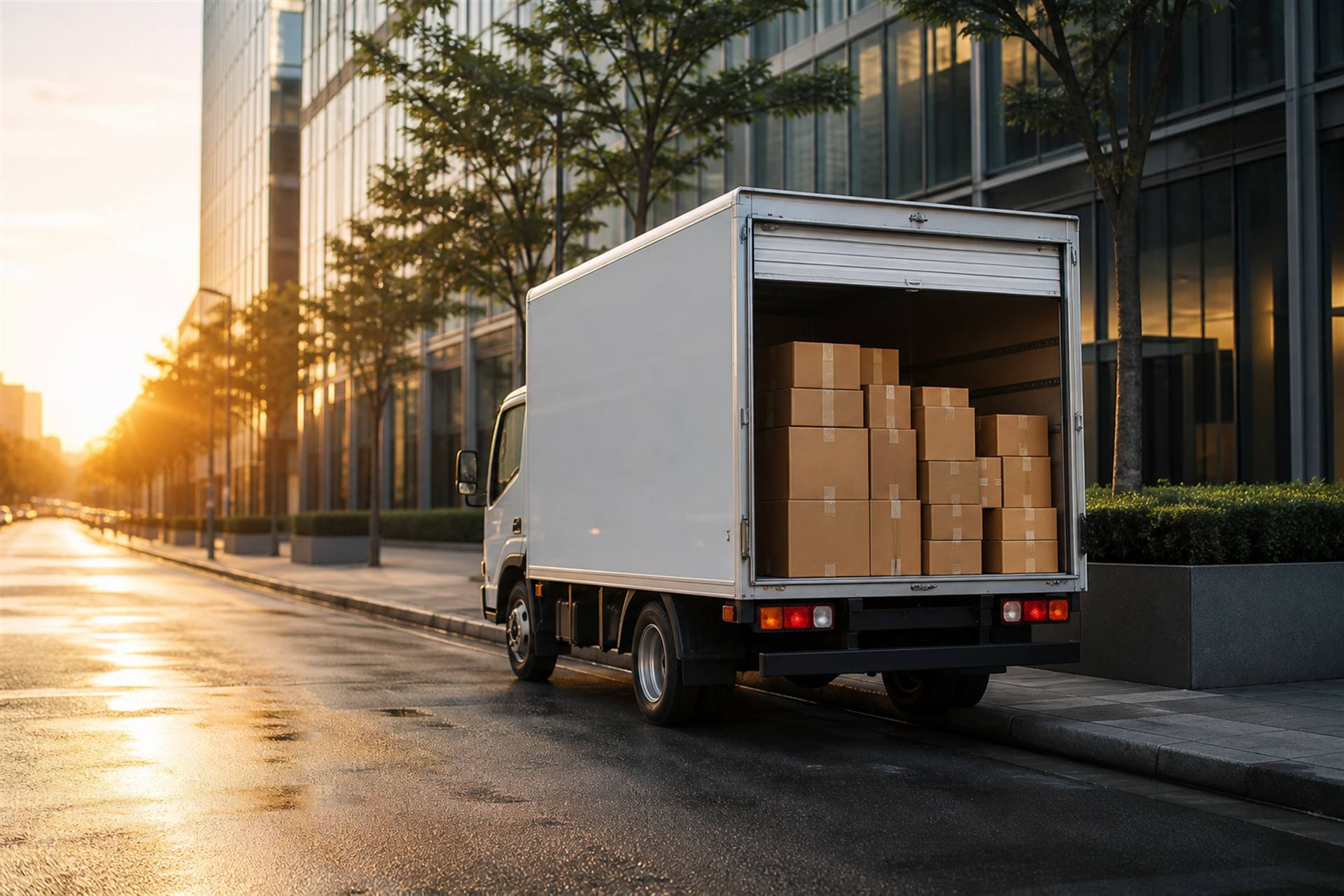 City delivery truck loaded with cartons at sunrise