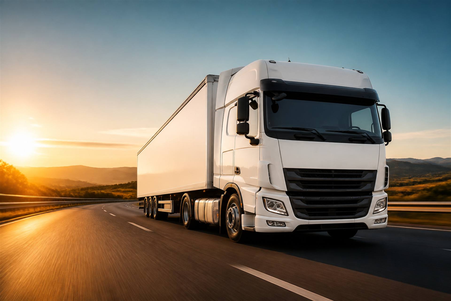 Long-haul truck on an open highway at golden hour