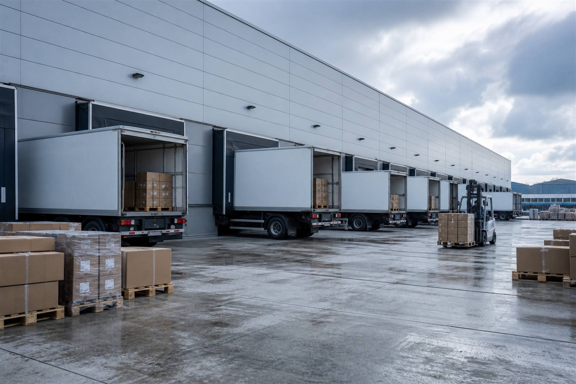 Trucks loading at a modern warehouse dock